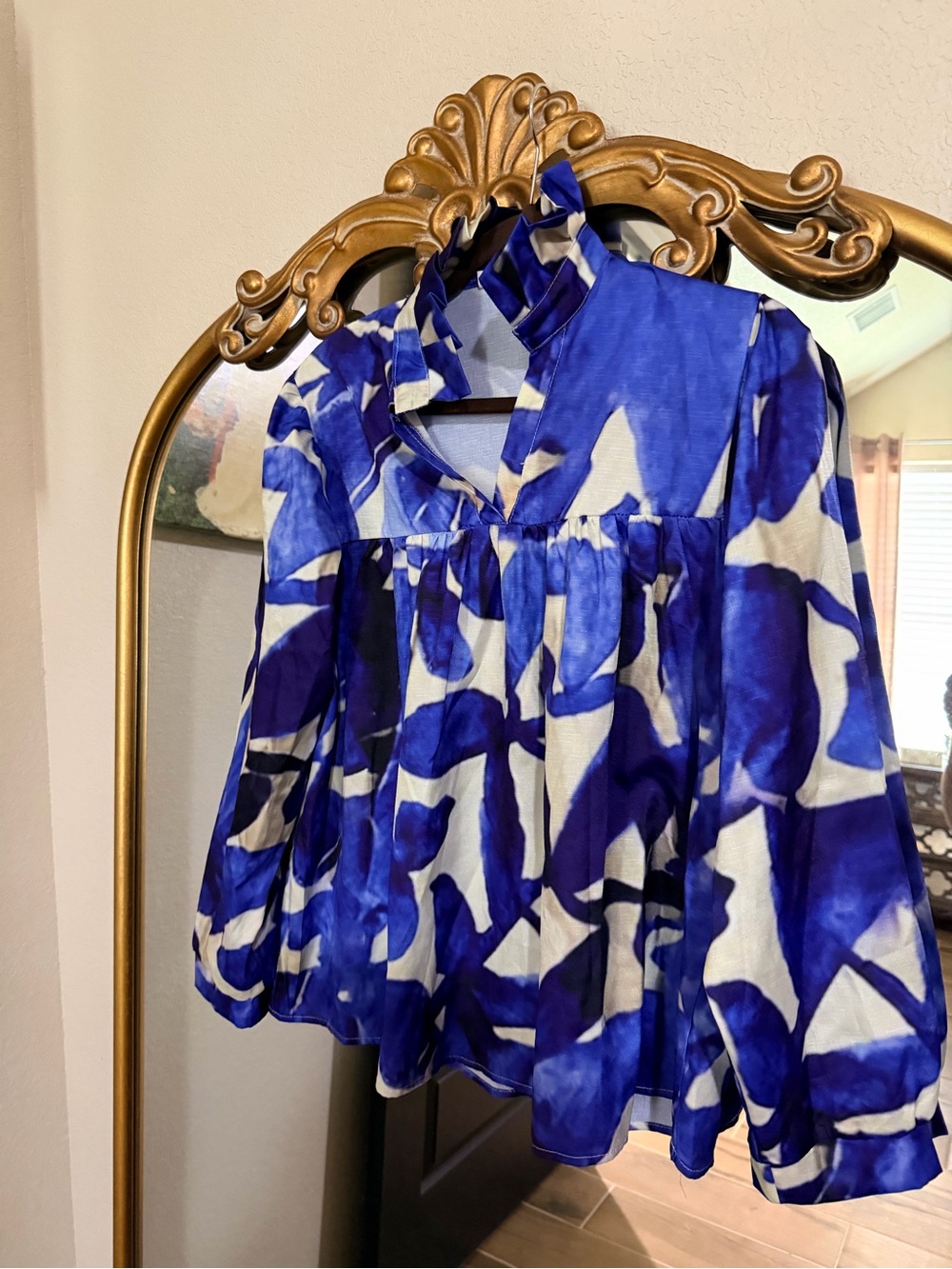 Bold Blue Patterned Women's Blouse - Blue & White